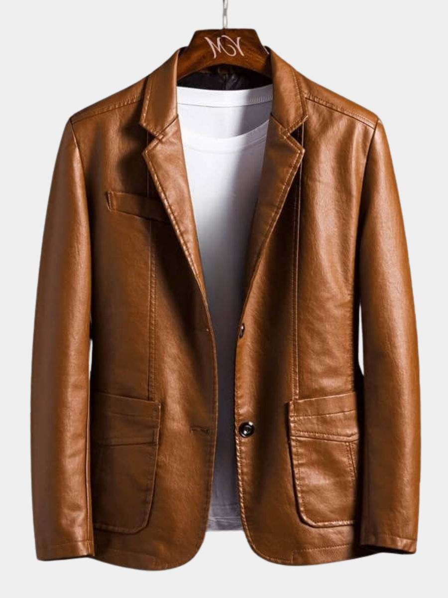 Faux Leather Blazer with Notch Lapels and Three-Button Cuffs for Women