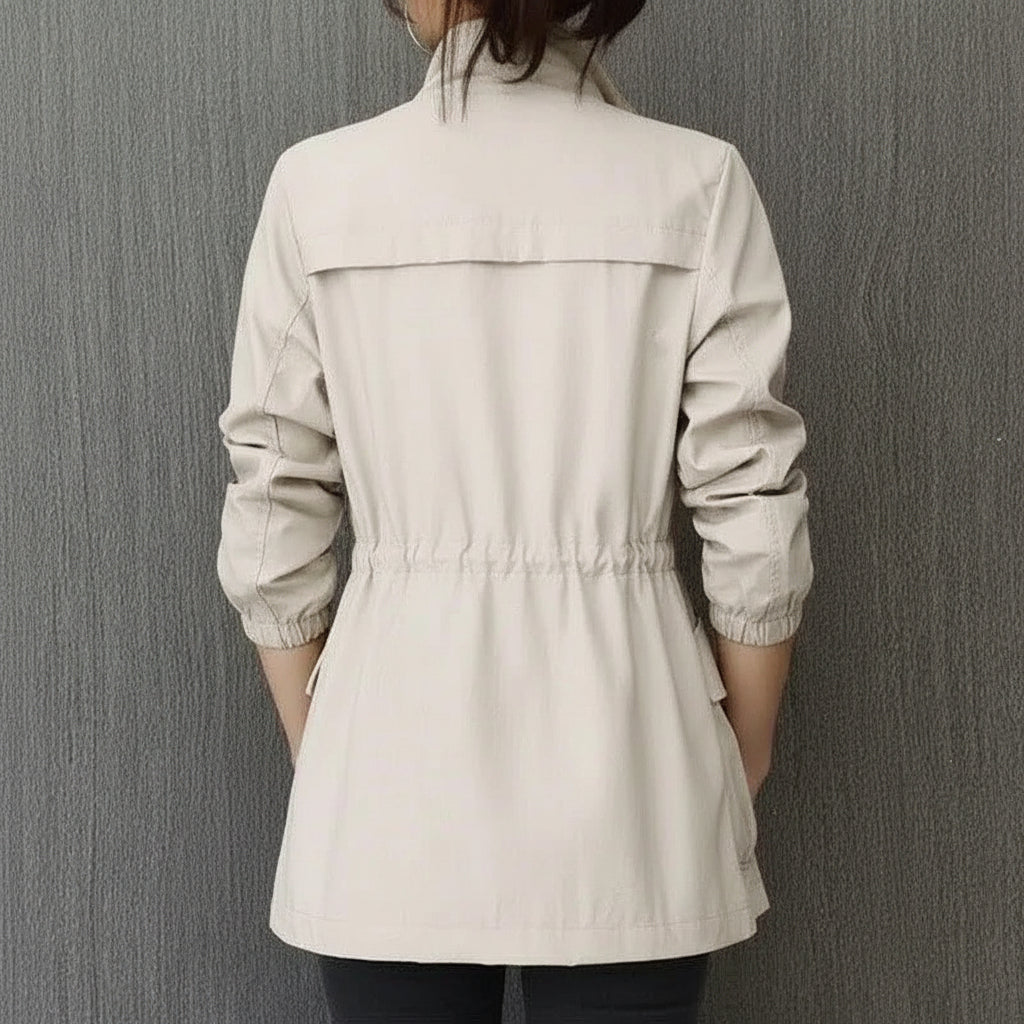 Women's Trench Coat with Adjustable Waist and Raised Collar, Front Pockets