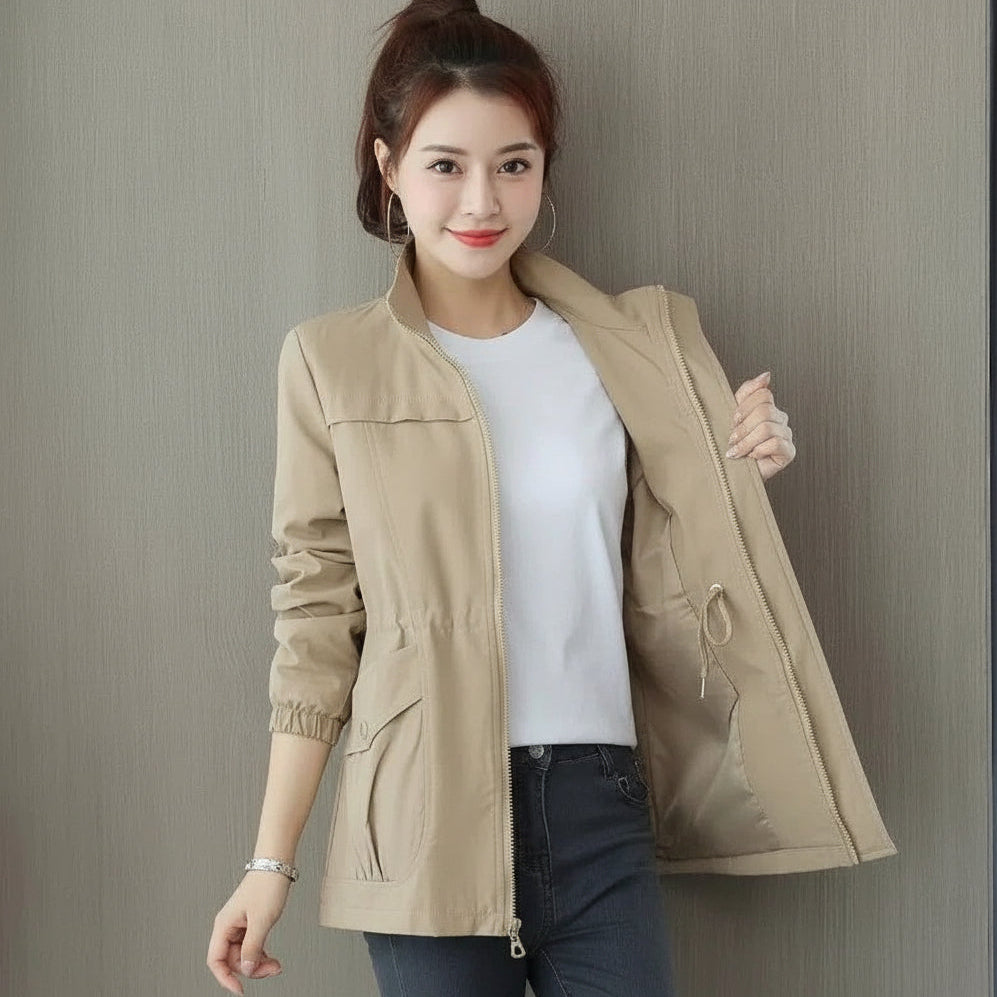 Women's Trench Coat with Adjustable Waist and Raised Collar, Front Pockets