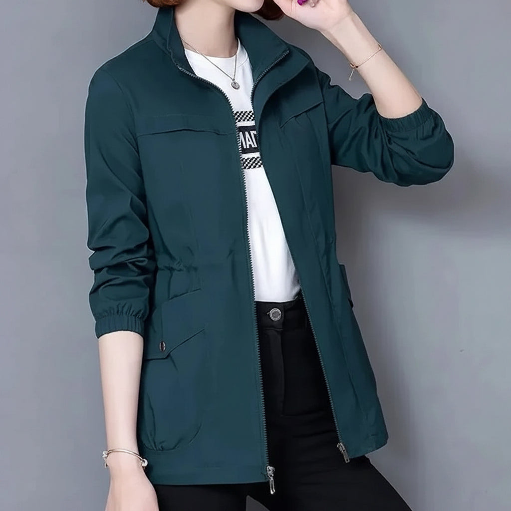 Women's Trench Coat with Adjustable Waist and Raised Collar, Front Pockets