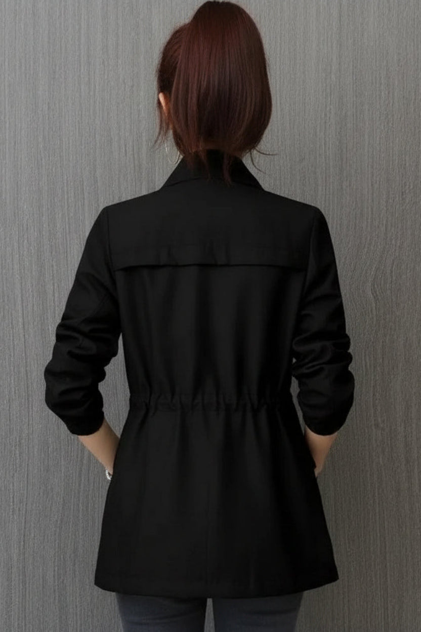 Women's Trench Coat with Adjustable Waist and Raised Collar, Front Pockets