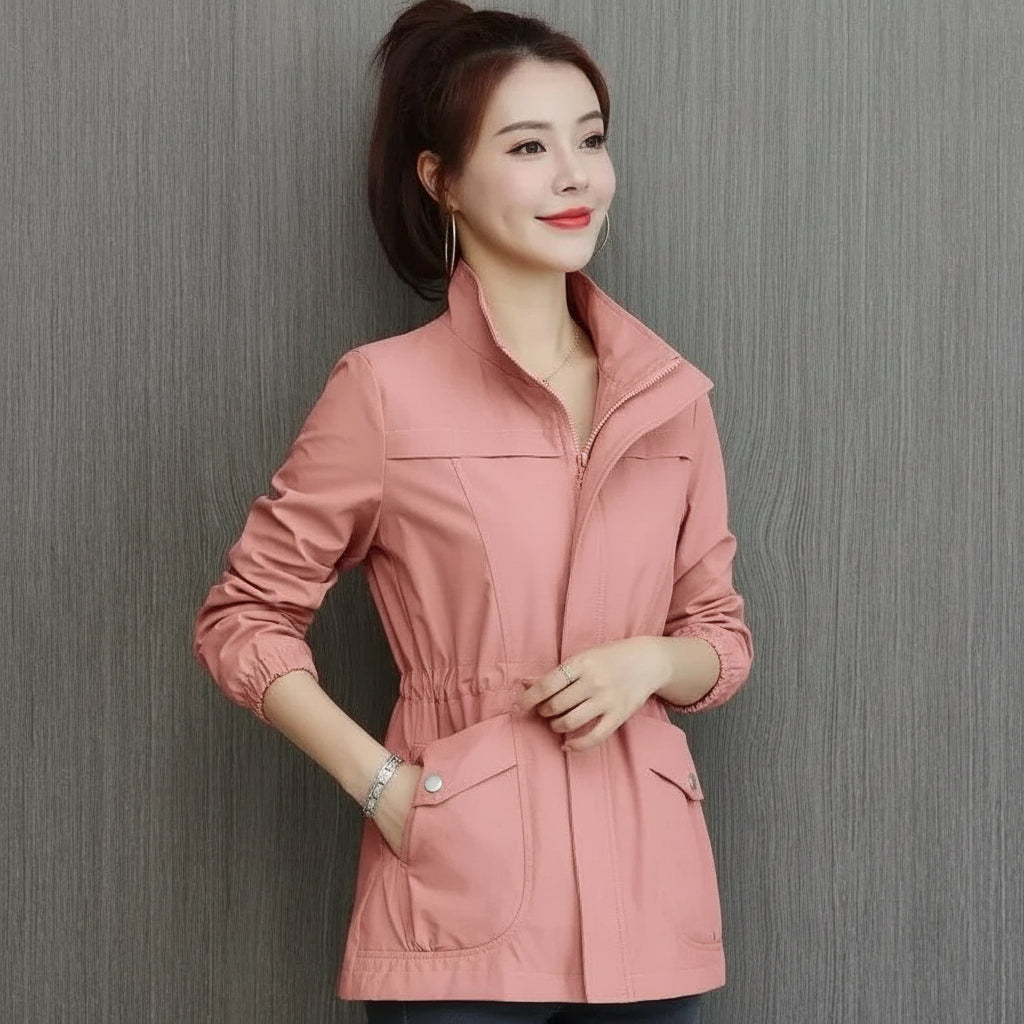 Women's Trench Coat with Adjustable Waist and Raised Collar, Front Pockets