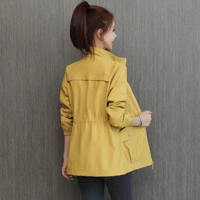 Women's Trench Coat with Adjustable Waist and Raised Collar, Front Pockets