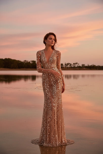 Women's Sequin Evening Dress with V-Neck and Sheer Sleeves, Slim Fit