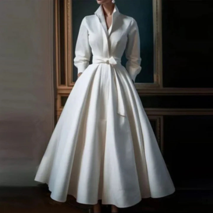 Midi Dress with Structured Shirt Collar and Relaxed Fit, White