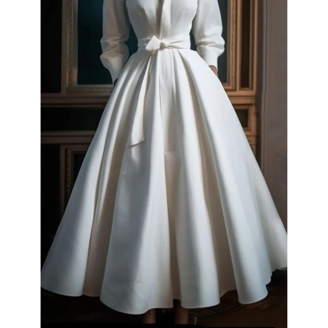 Midi Dress with Structured Shirt Collar and Relaxed Fit, White