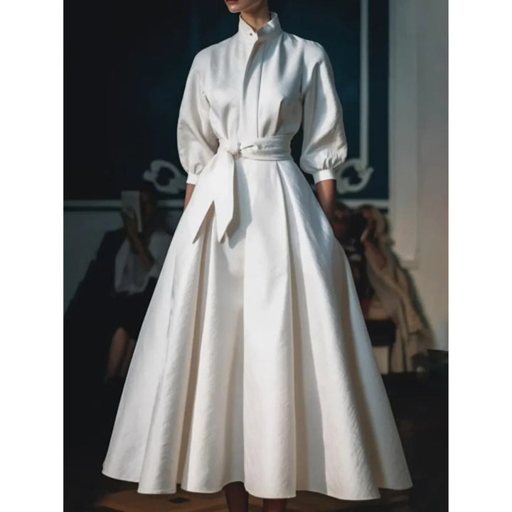 Midi Dress with Structured Shirt Collar and Relaxed Fit, White