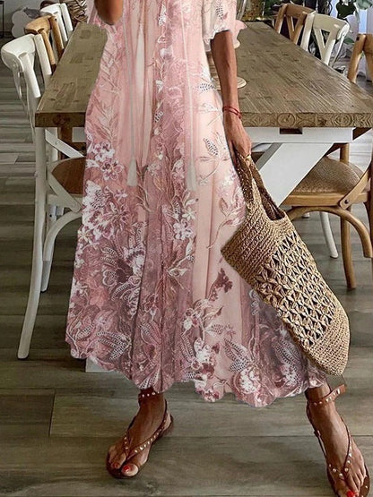 Women's Floral Print Maxi Dress - Half Sleeve V-Neck with Lace Accents