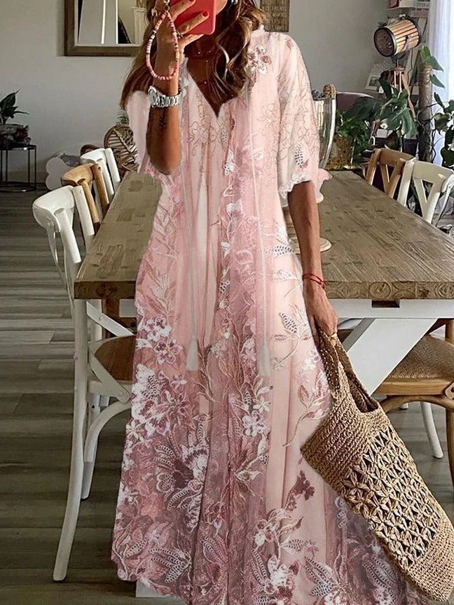Women's Floral Print Maxi Dress - Half Sleeve V-Neck with Lace Accents