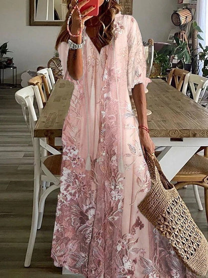 Women's Floral Print Maxi Dress - Half Sleeve V-Neck with Lace Accents