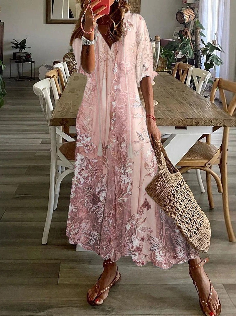 Women's Floral Print Maxi Dress - Half Sleeve V-Neck with Lace Accents