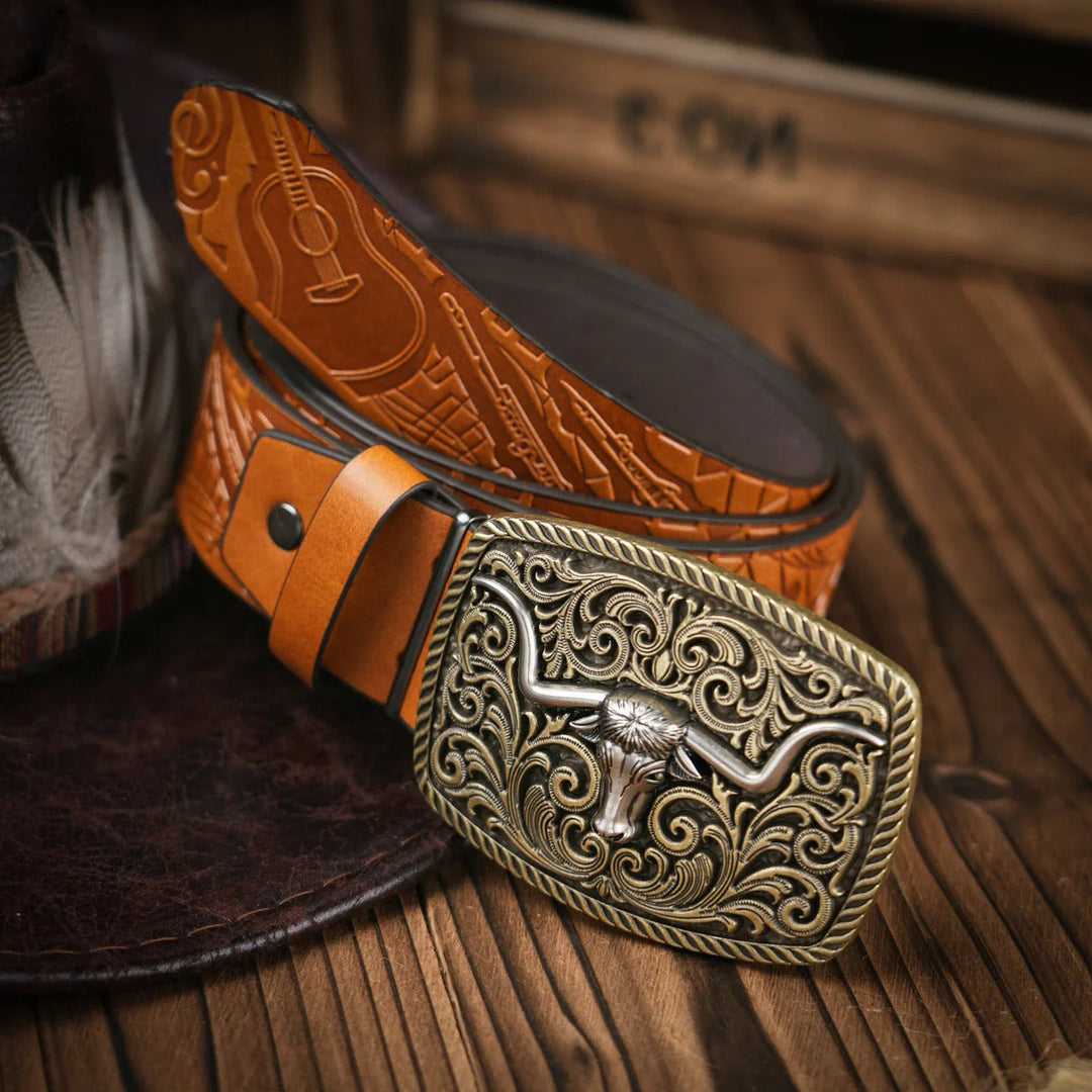 Western Style Belt with Locking Metal Buckle for Men