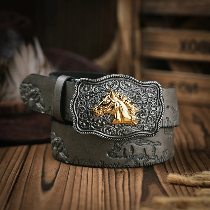 Western Style Belt with Locking Metal Buckle for Men