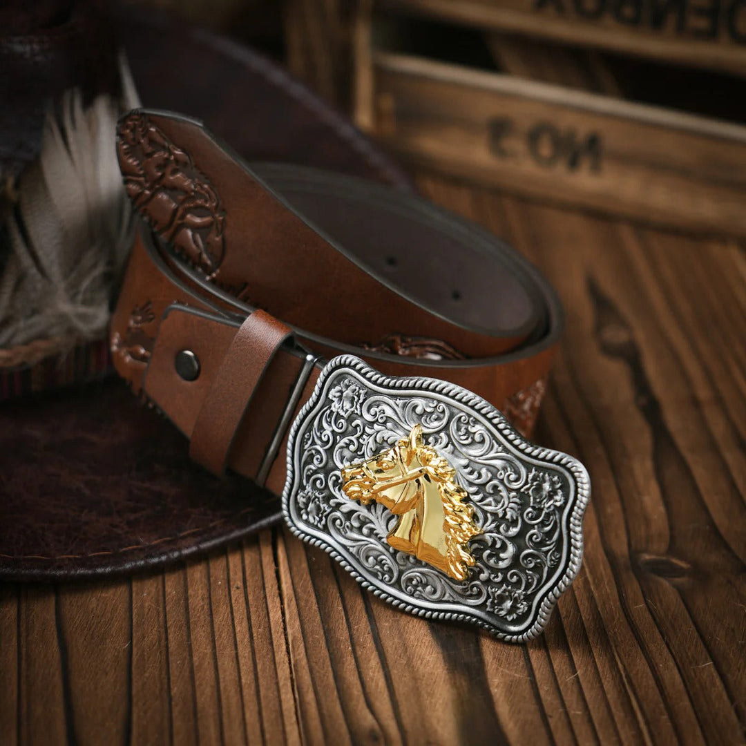 Western Style Belt with Locking Metal Buckle for Men