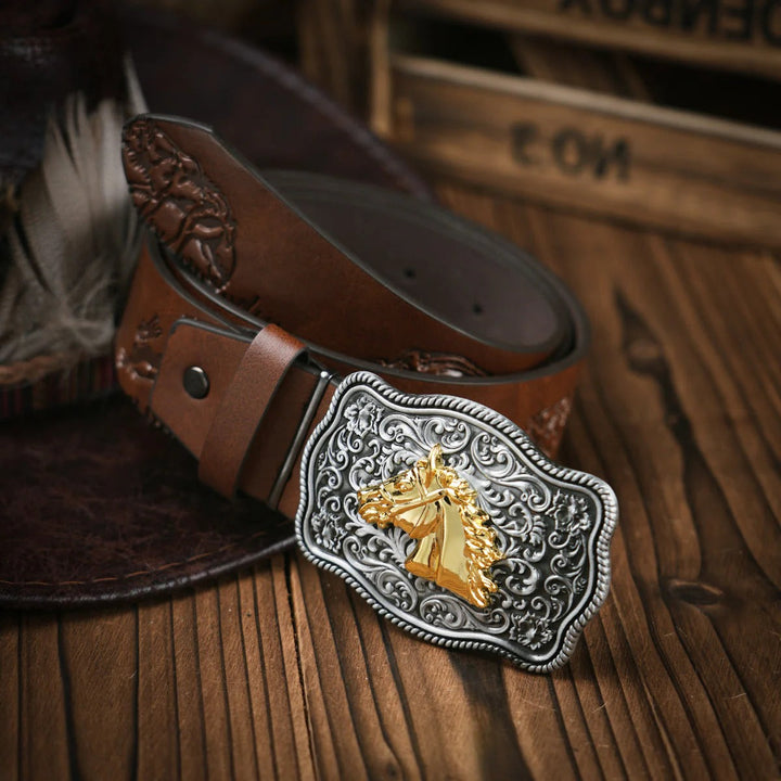 Western Style Belt with Locking Metal Buckle for Men