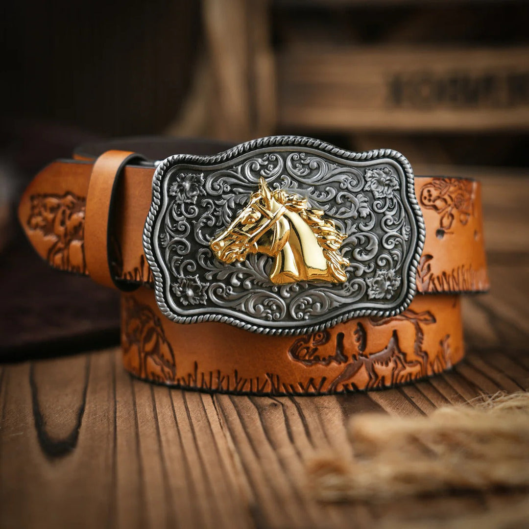 Western Style Belt with Locking Metal Buckle for Men