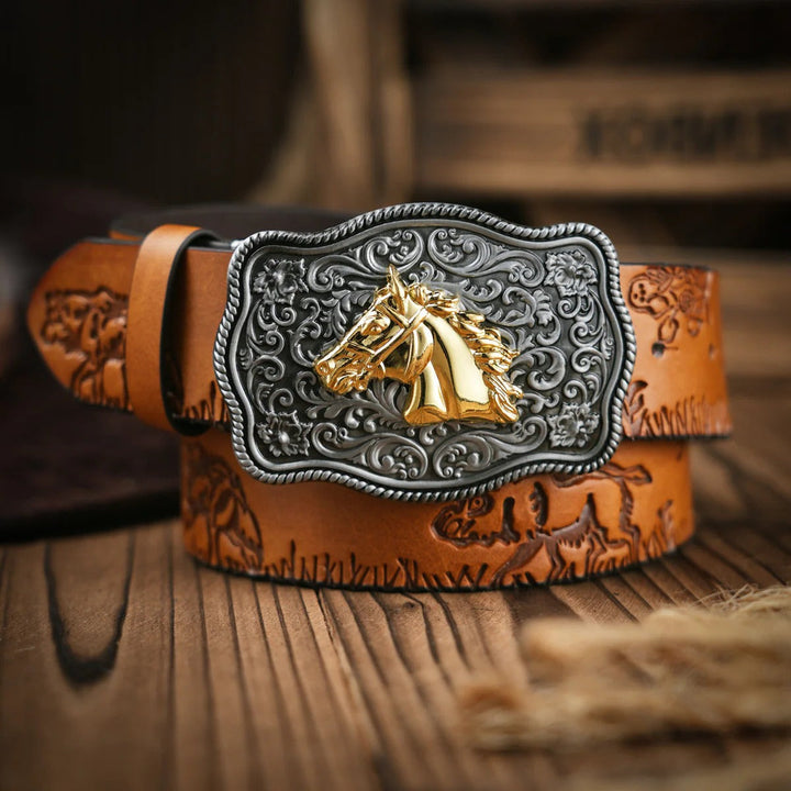 Western Style Belt with Locking Metal Buckle for Men