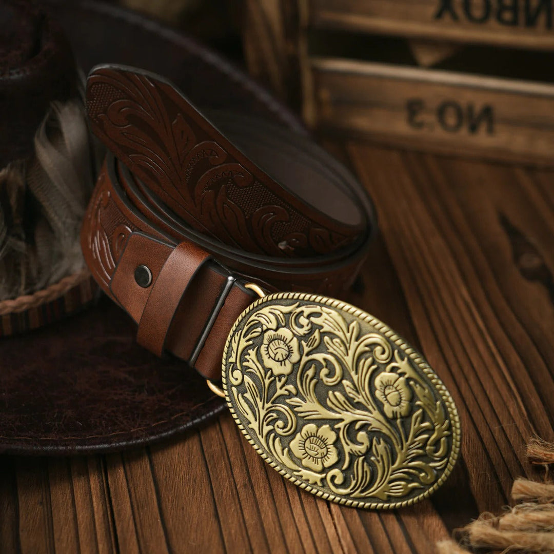 Western Style Belt with Locking Metal Buckle for Men