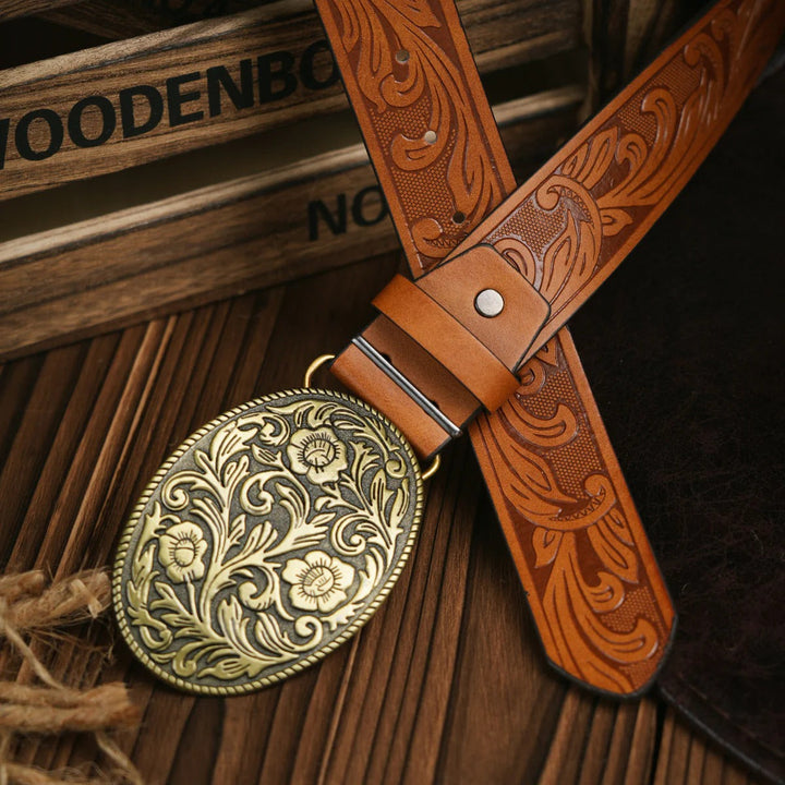 Western Style Belt with Locking Metal Buckle for Men