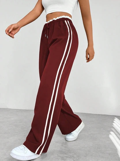 Women's Wide Leg Pants with Adjustable Drawstring and Double Side Stripes