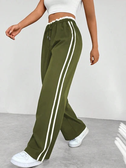 Women's Wide Leg Pants with Adjustable Drawstring and Double Side Stripes
