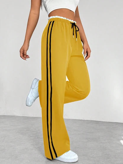 Women's Wide Leg Pants with Adjustable Drawstring and Double Side Stripes