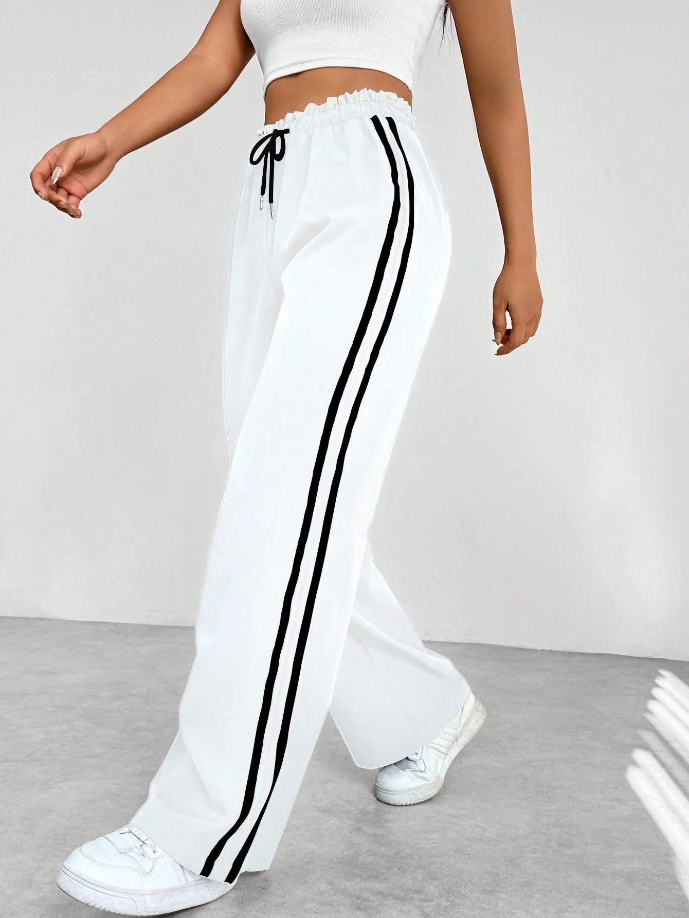 Women's Wide Leg Pants with Adjustable Drawstring and Double Side Stripes