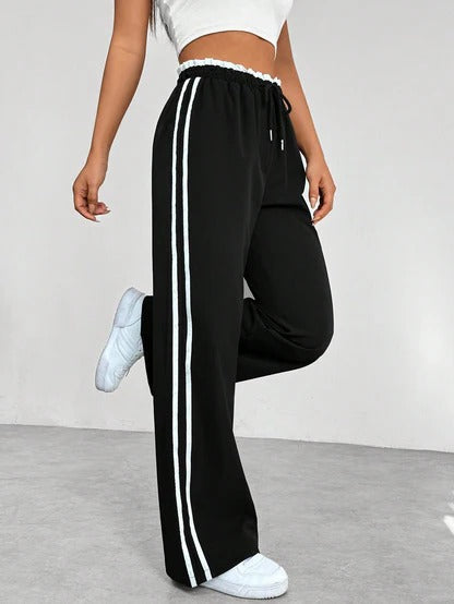 Women's Wide Leg Pants with Adjustable Drawstring and Double Side Stripes