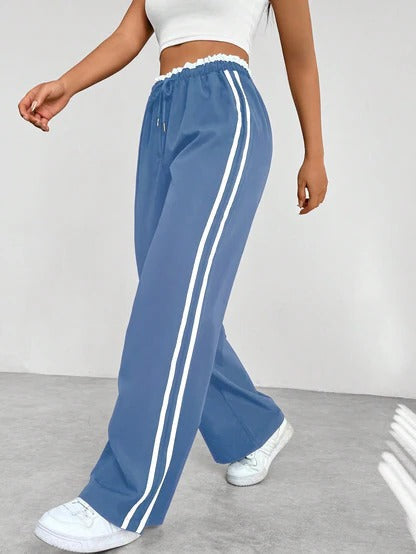 Women's Wide Leg Pants with Adjustable Drawstring and Double Side Stripes