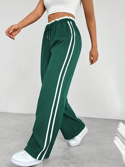 Women's Wide Leg Pants with Adjustable Drawstring and Double Side Stripes