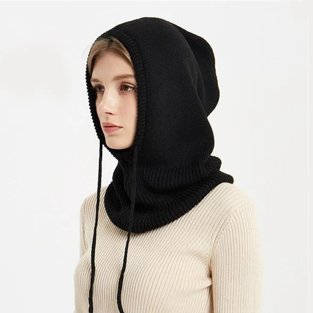 Wool Hooded Beanie with Adjustable Drawstring and Collapsible Design