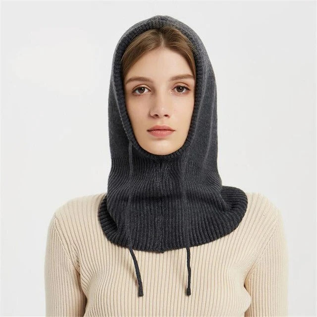 Wool Hooded Beanie with Adjustable Drawstring and Collapsible Design