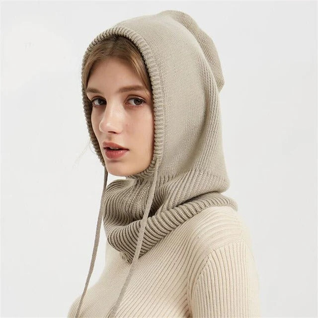 Wool Hooded Beanie with Adjustable Drawstring and Collapsible Design