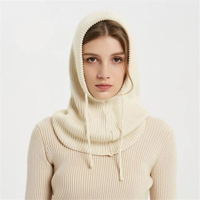 Wool Hooded Beanie with Adjustable Drawstring and Collapsible Design