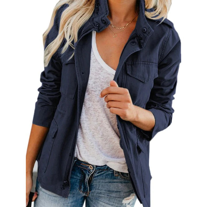 Women's Stand Up Collar Jacket with Full Front Zipper and Long Sleeves, Loose Fit Navy