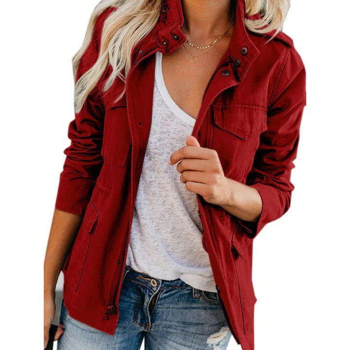 Women's Stand Up Collar Jacket with Full Front Zipper and Long Sleeves, Loose Fit Navy