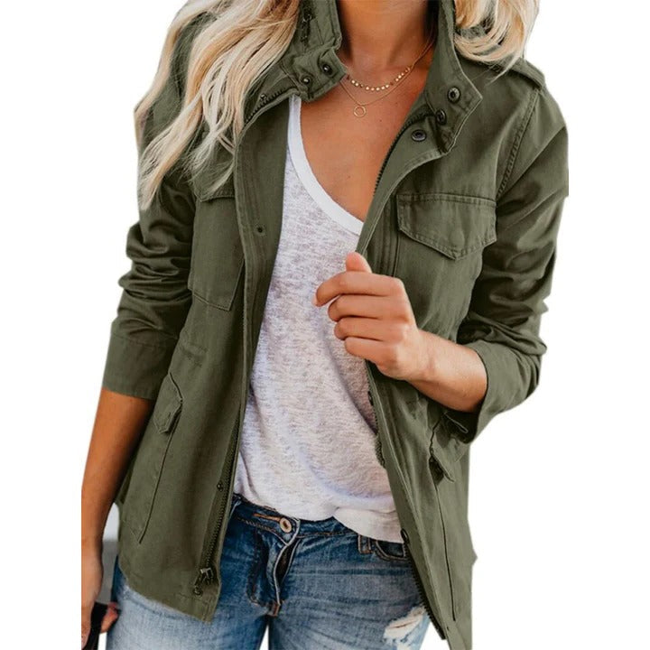 Women's Stand Up Collar Jacket with Full Front Zipper and Long Sleeves, Loose Fit Navy