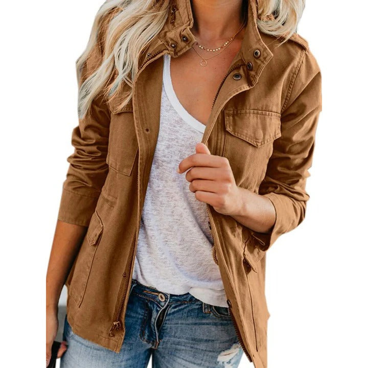 Women's Stand Up Collar Jacket with Full Front Zipper and Long Sleeves, Loose Fit Navy
