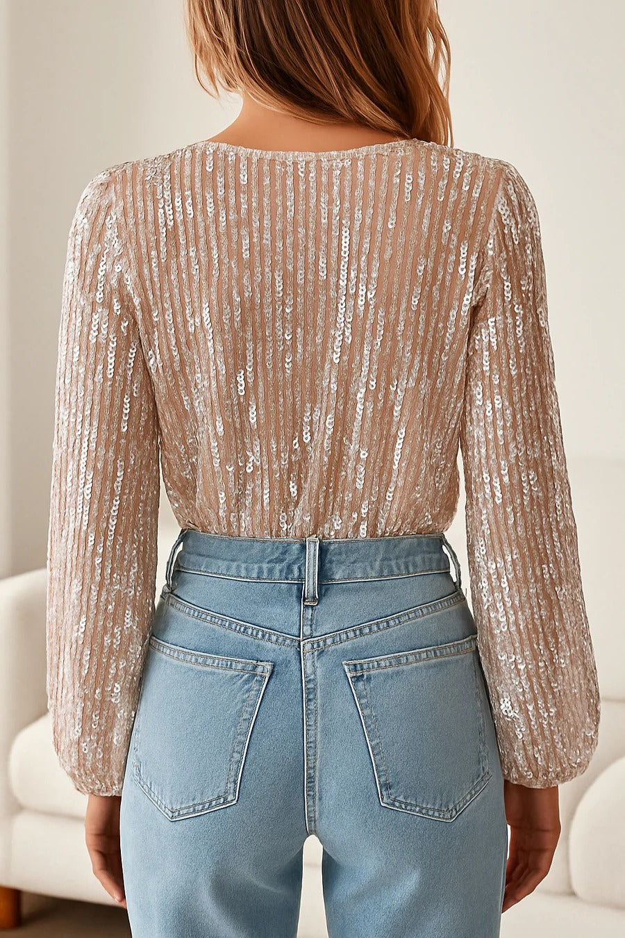 Sequin Blouse for Evening Wear with Deep V Neckline and Full Length Sleeves