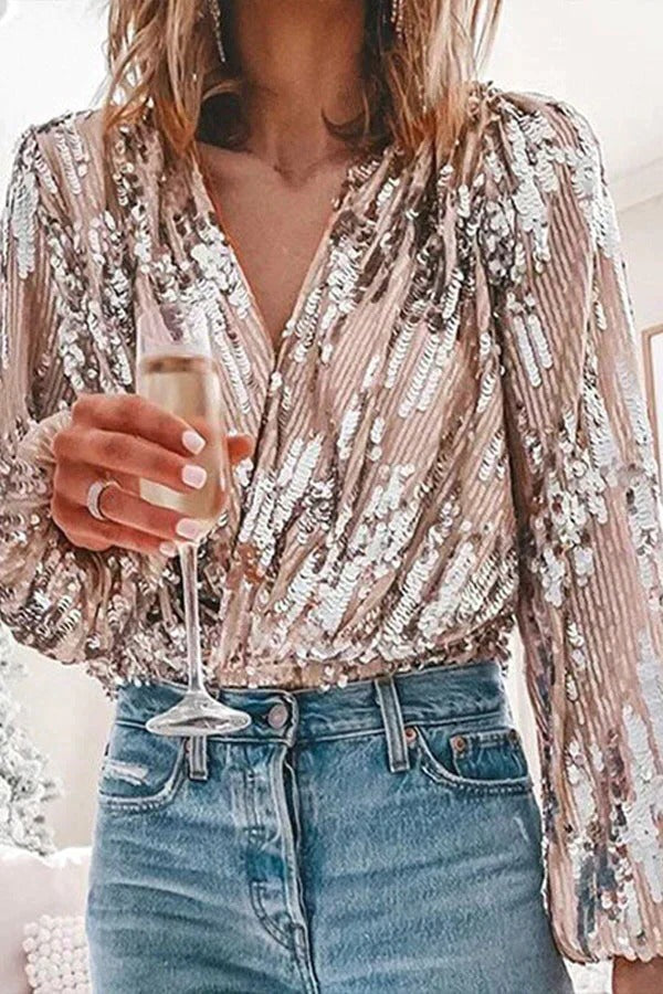 Sequin Blouse for Evening Wear with Deep V Neckline and Full Length Sleeves
