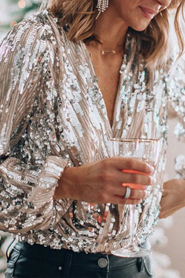 Sequin Blouse for Evening Wear with Deep V Neckline and Full Length Sleeves