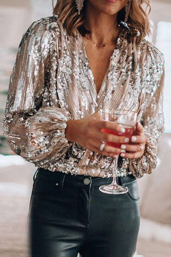 Sequin Blouse for Evening Wear with Deep V Neckline and Full Length Sleeves