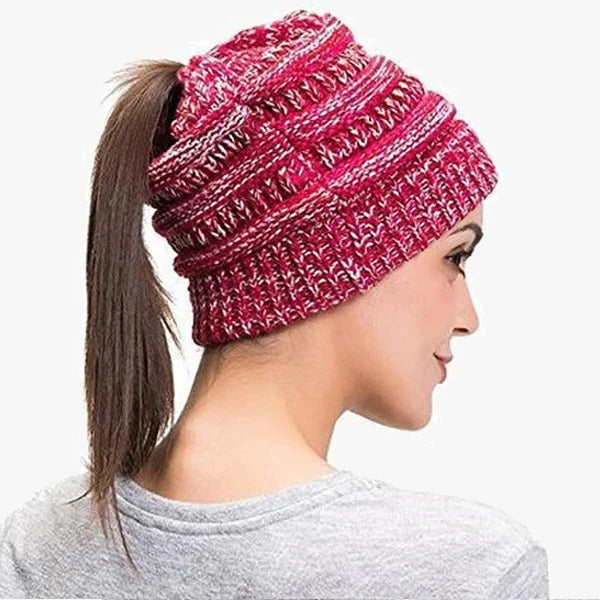 Messy Bun Beanie For Women Solid Ribbed Ponytail Hat Cap