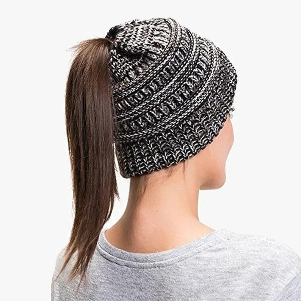Messy Bun Beanie For Women Solid Ribbed Ponytail Hat Cap