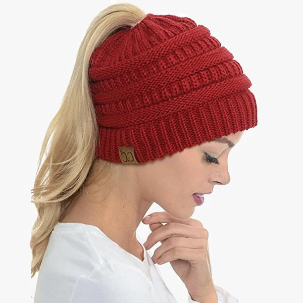 Messy Bun Beanie For Women Solid Ribbed Ponytail Hat Cap