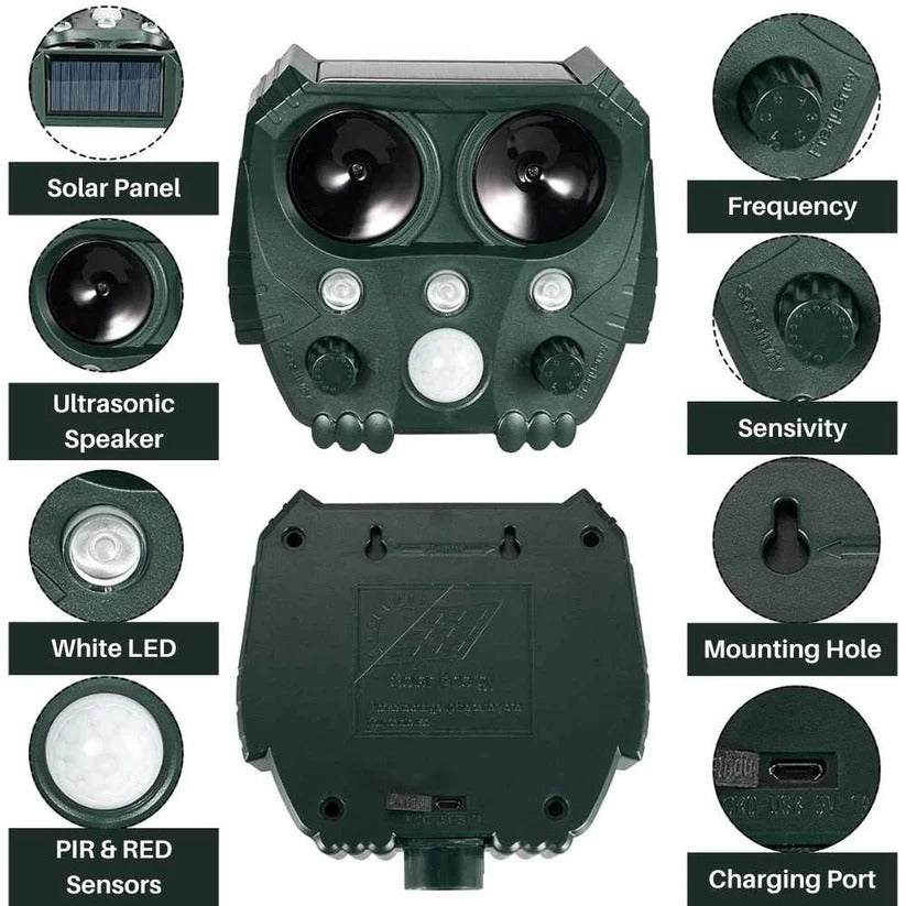 Solar Powered Animal Repellent with Motion Sensor and Ultrasonic Sound for Cats, Foxes, Squirrels, Rats and Dogs