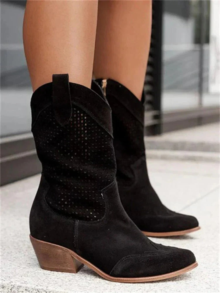 Mid Calf Cowboy Boots with Side Zipper and Closed Toe