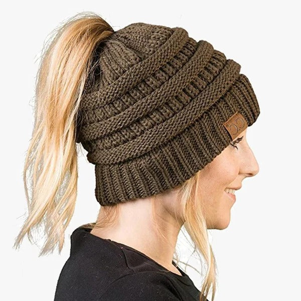 Messy Bun Beanie For Women Solid Ribbed Ponytail Hat Cap