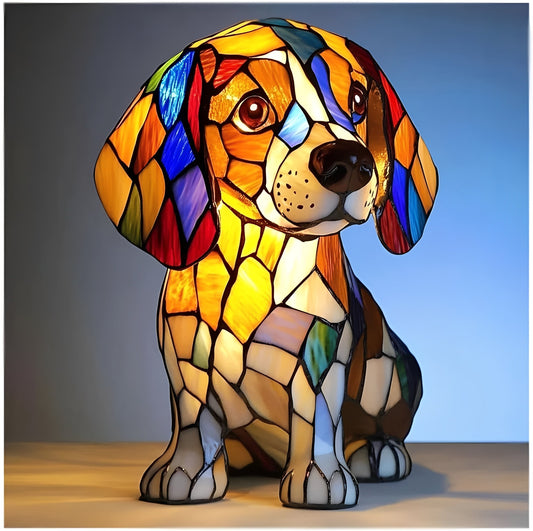 Stained Glass Dog Lamp with Mosaic Panels and Art Deco Design