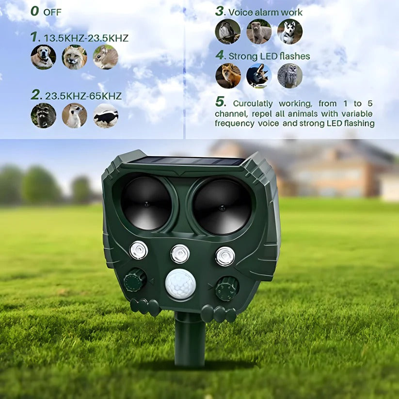 Solar Ultrasonic Animal Repellent with Motion Sensor and Light, 26 Ft Range